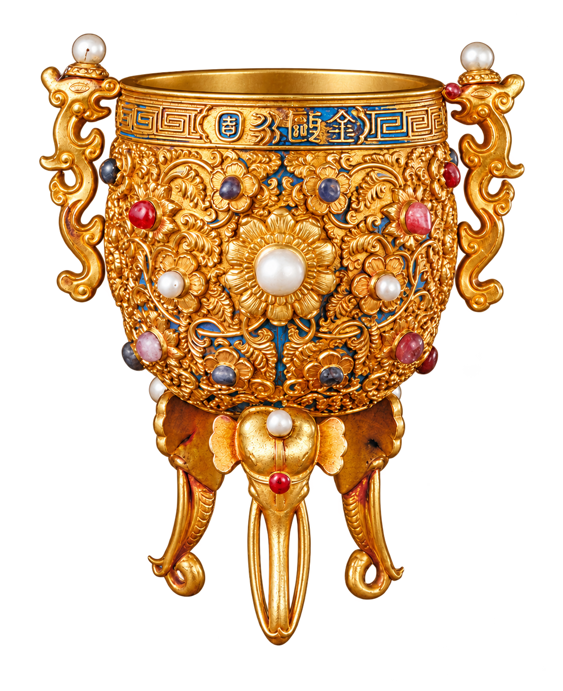 Gold Chalice of Eternal Stability with pearl-topped dragon handles, coloured gemstones and elephant-head feet.